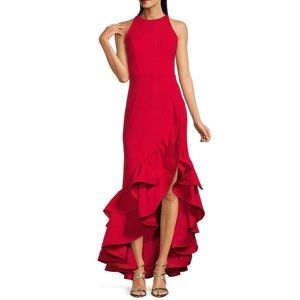 Betsy & Adam Round Neck Sleeveless Ruffles High-Low Stretch Crepe Gown
